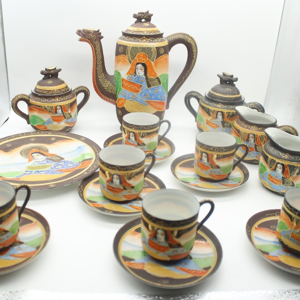 Vintage Japanese Satsuma. Moriage Gilded, Tea Set 21 pc, Made in Japan